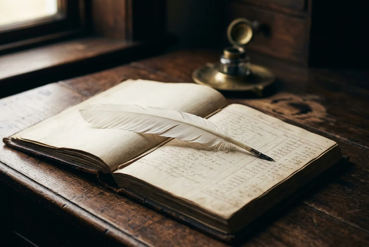 A quill resting on an open ledger beside a brass inkwell