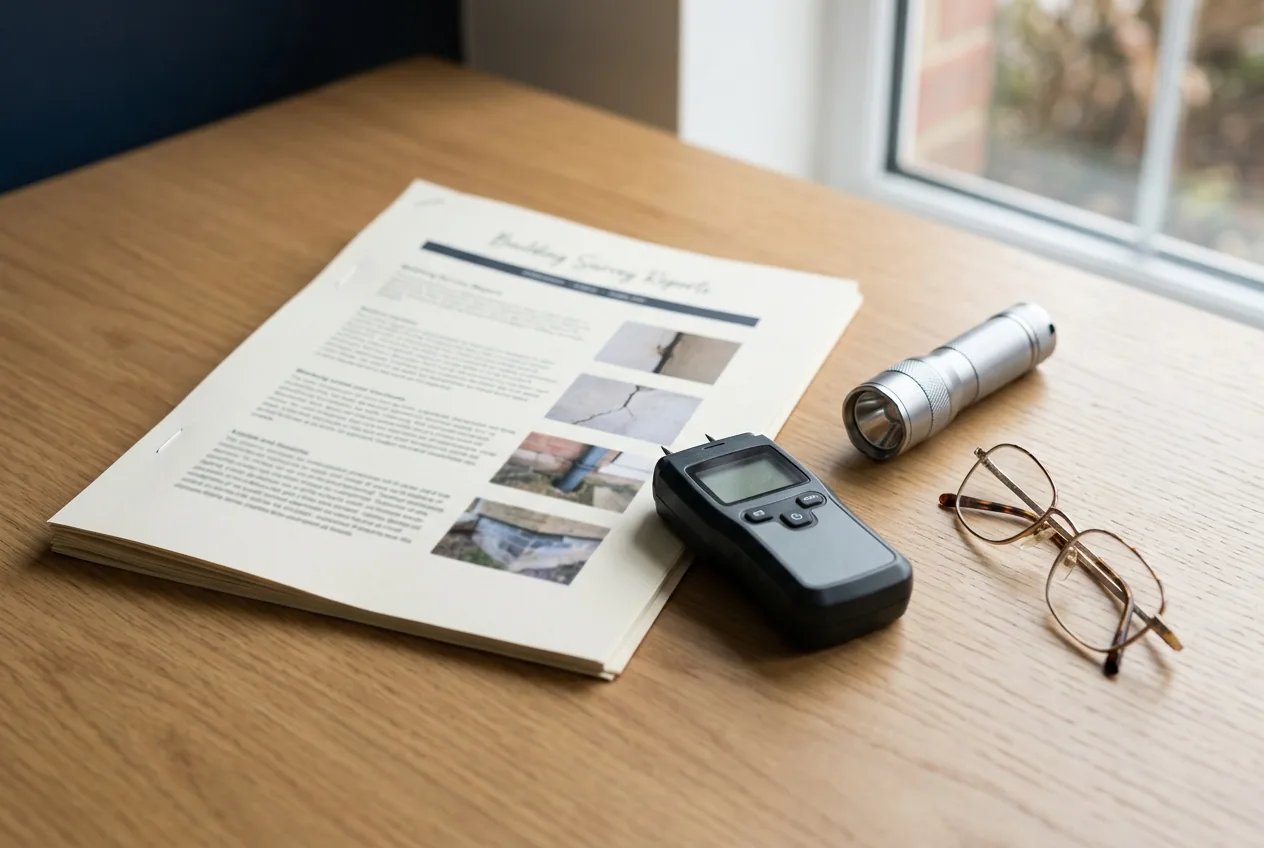 A printed survey report on a desk beside a moisture meter, a torch and reading glasses